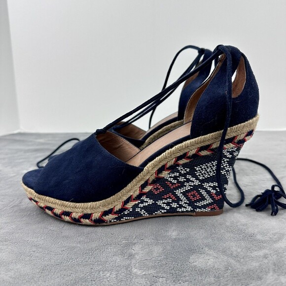 CABI Isla Espadrille Wedge Sandal Navy Blue Suede Ankle Tie Aztec Print Size 8 - Picture 1 of 11